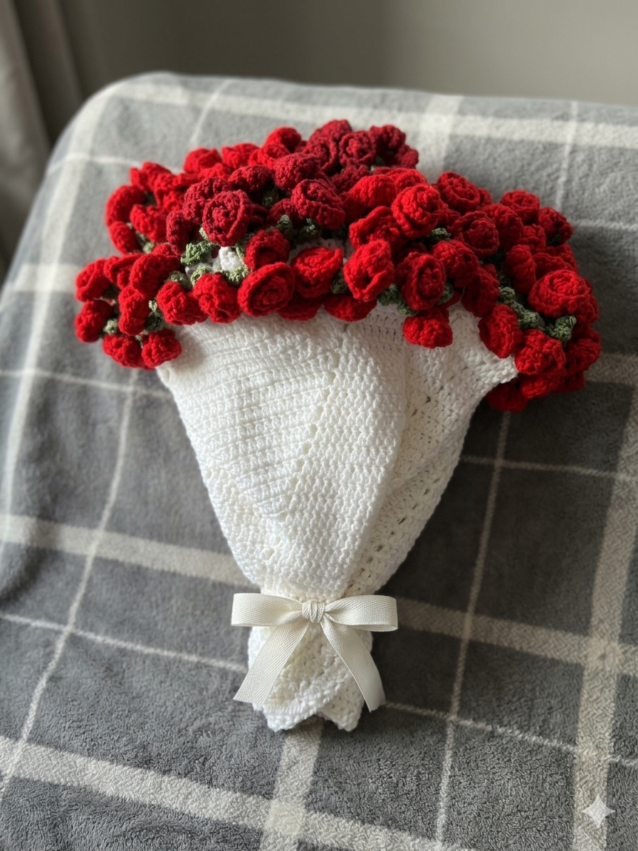 Handmade Rose Bouquet Crochet Blanket