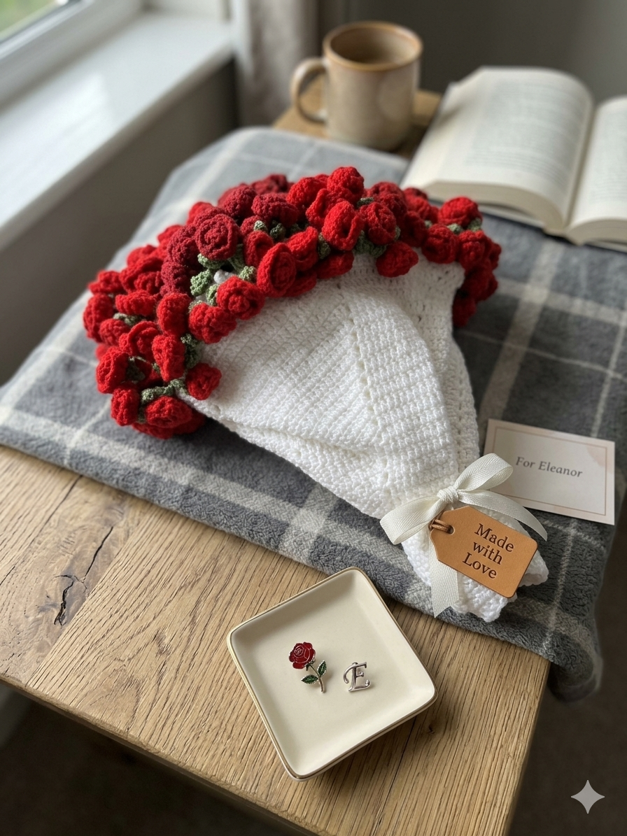 Handmade Rose Bouquet Crochet Blanket